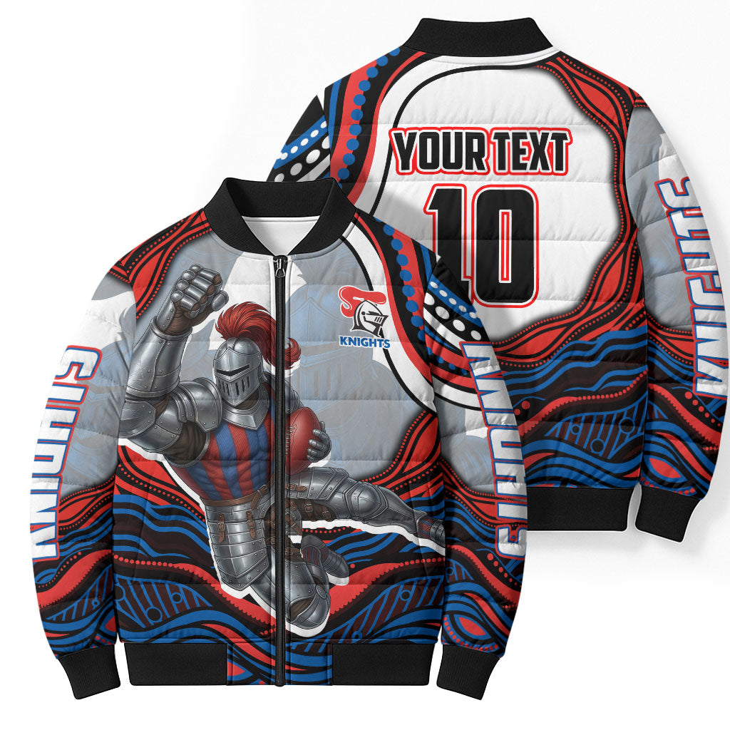 Personalized Newcastle Knights Bomber Puffer Jacket Aboriginal Dot Art - Dreamtime Rugby Mascot