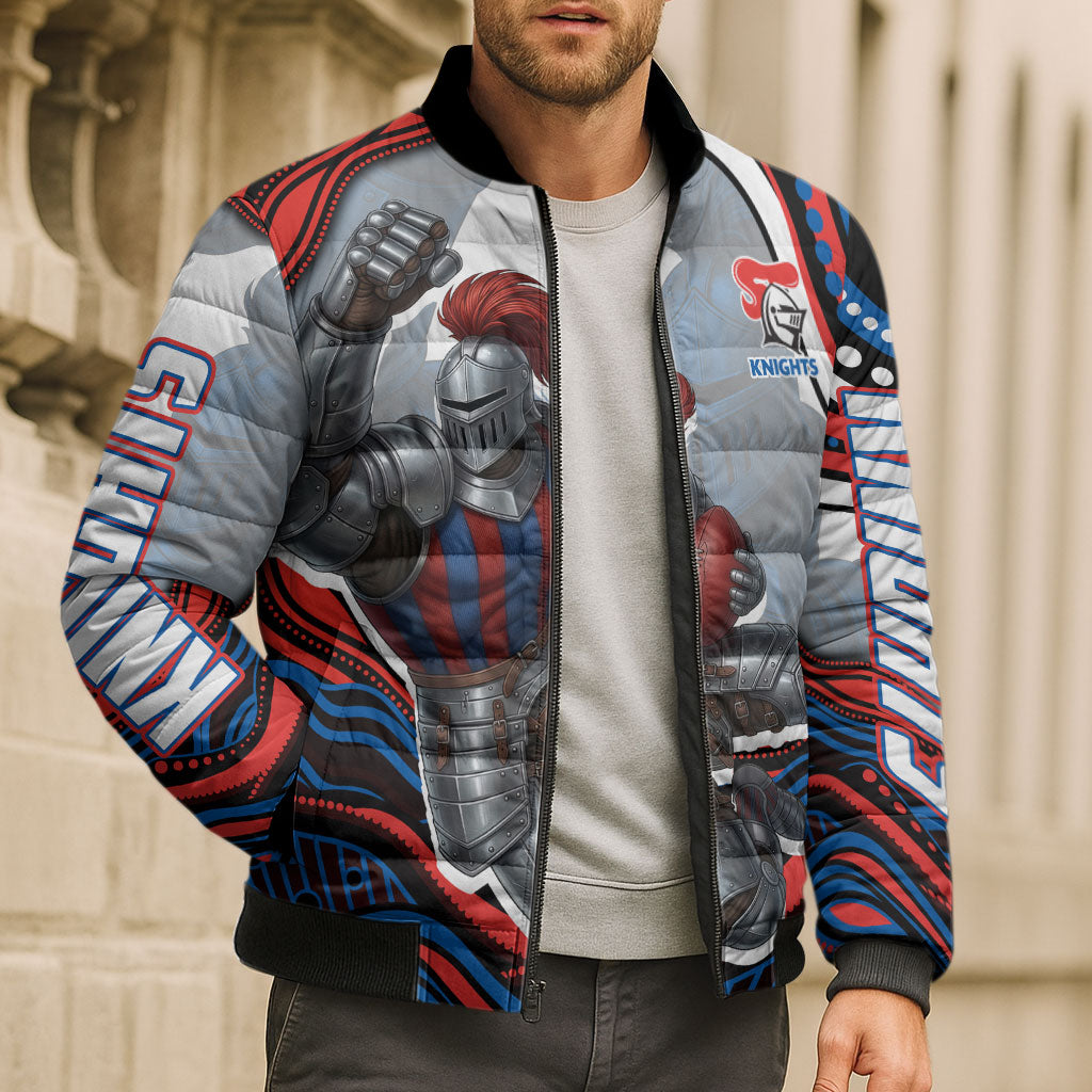 Personalized Newcastle Knights Bomber Puffer Jacket Aboriginal Dot Art - Dreamtime Rugby Mascot