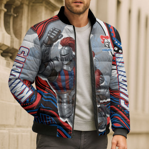 Personalized Newcastle Knights Bomber Puffer Jacket Aboriginal Dot Art - Dreamtime Rugby Mascot