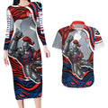 Personalized Newcastle Knights Couples Matching Long Sleeve Bodycon Dress and Hawaiian Shirt Aboriginal Dot Art - Dreamtime Rugby Mascot