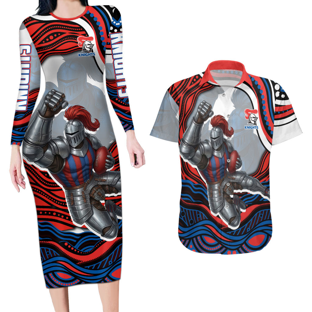 Personalized Newcastle Knights Couples Matching Long Sleeve Bodycon Dress and Hawaiian Shirt Aboriginal Dot Art - Dreamtime Rugby Mascot