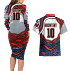 Personalized Newcastle Knights Couples Matching Long Sleeve Bodycon Dress and Hawaiian Shirt Aboriginal Dot Art - Dreamtime Rugby Mascot