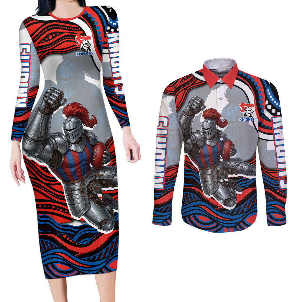 Personalized Newcastle Knights Couples Matching Long Sleeve Bodycon Dress and Long Sleeve Button Shirt Aboriginal Dot Art - Dreamtime Rugby Mascot