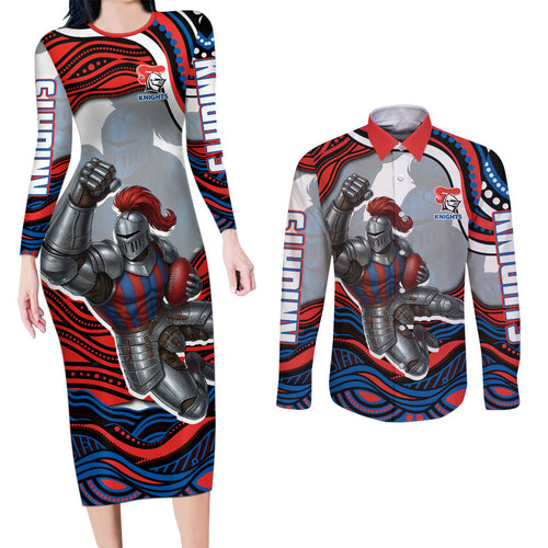 Personalized Newcastle Knights Couples Matching Long Sleeve Bodycon Dress and Long Sleeve Button Shirt Aboriginal Dot Art - Dreamtime Rugby Mascot