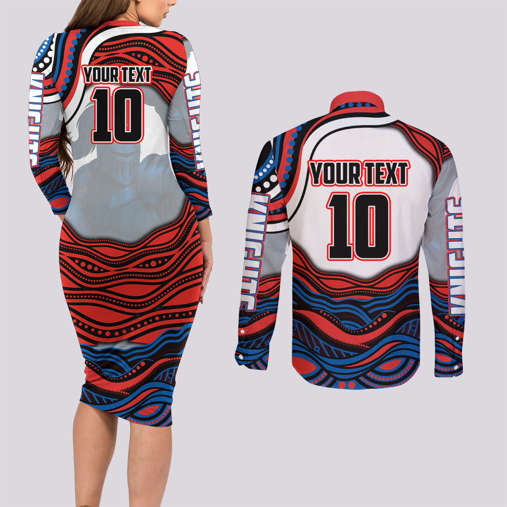 Personalized Newcastle Knights Couples Matching Long Sleeve Bodycon Dress and Long Sleeve Button Shirt Aboriginal Dot Art - Dreamtime Rugby Mascot