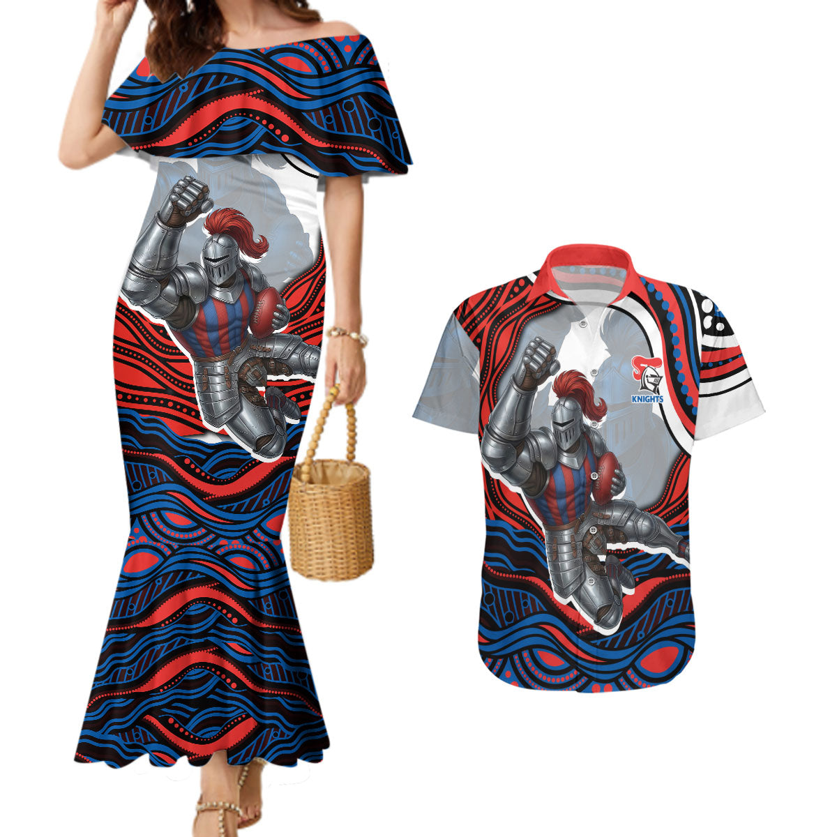 Personalized Newcastle Knights Couples Matching Mermaid Dress and Hawaiian Shirt Aboriginal Dot Art - Dreamtime Rugby Mascot