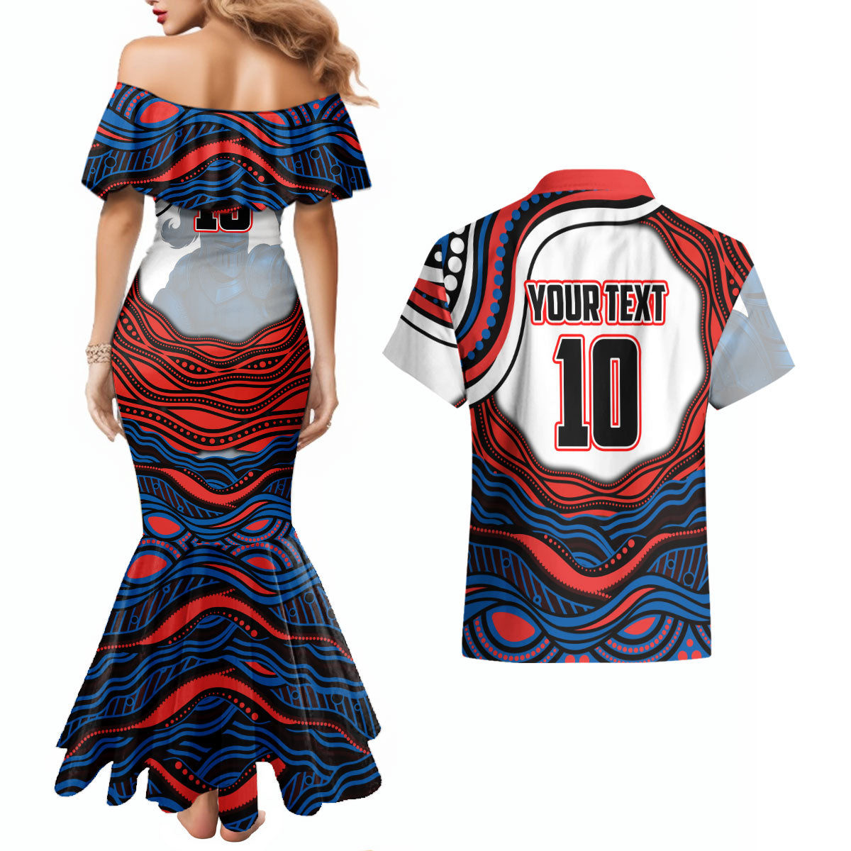 Personalized Newcastle Knights Couples Matching Mermaid Dress and Hawaiian Shirt Aboriginal Dot Art - Dreamtime Rugby Mascot
