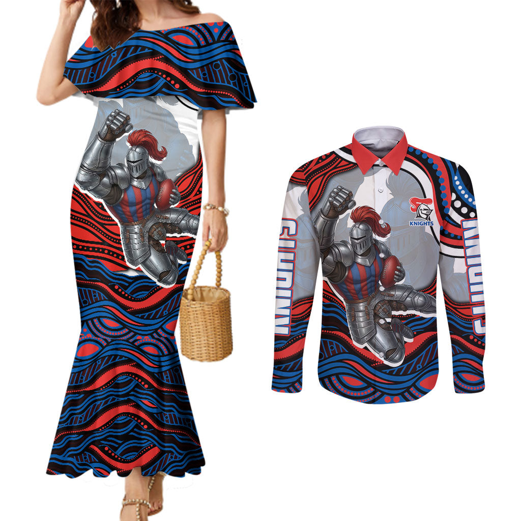 Personalized Newcastle Knights Couples Matching Mermaid Dress and Long Sleeve Button Shirt Aboriginal Dot Art - Dreamtime Rugby Mascot