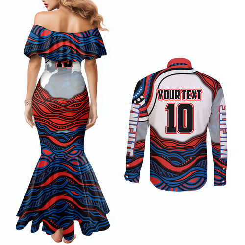 Personalized Newcastle Knights Couples Matching Mermaid Dress and Long Sleeve Button Shirt Aboriginal Dot Art - Dreamtime Rugby Mascot