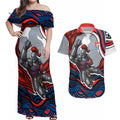 Personalized Newcastle Knights Couples Matching Off Shoulder Maxi Dress and Hawaiian Shirt Aboriginal Dot Art - Dreamtime Rugby Mascot