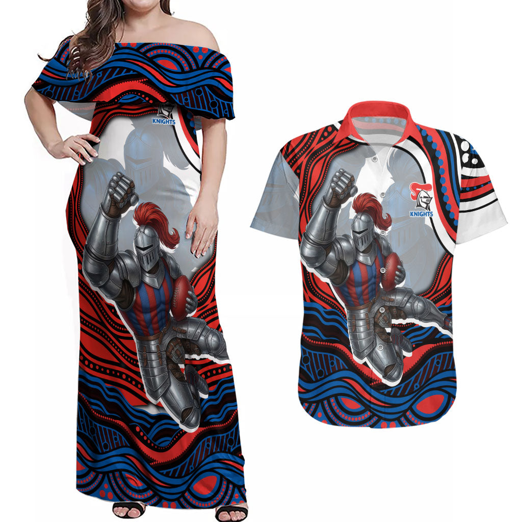 Personalized Newcastle Knights Couples Matching Off Shoulder Maxi Dress and Hawaiian Shirt Aboriginal Dot Art - Dreamtime Rugby Mascot