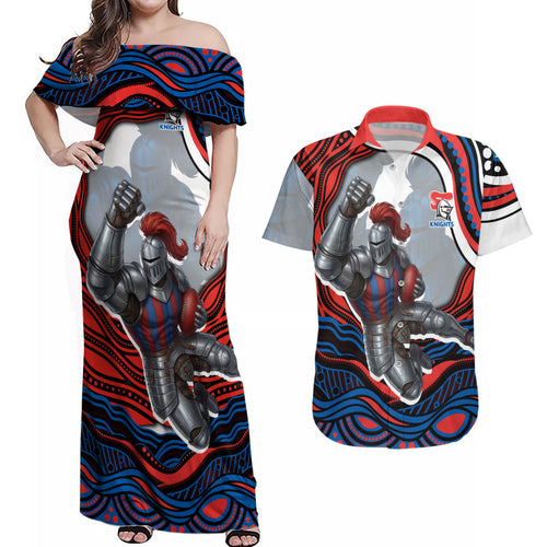 Personalized Newcastle Knights Couples Matching Off Shoulder Maxi Dress and Hawaiian Shirt Aboriginal Dot Art - Dreamtime Rugby Mascot