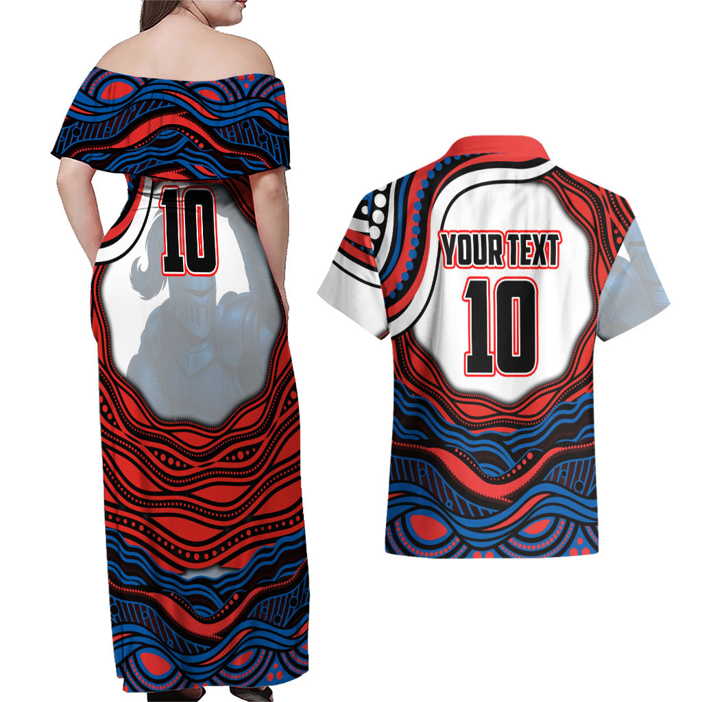 Personalized Newcastle Knights Couples Matching Off Shoulder Maxi Dress and Hawaiian Shirt Aboriginal Dot Art - Dreamtime Rugby Mascot