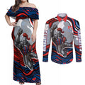 Personalized Newcastle Knights Couples Matching Off Shoulder Maxi Dress and Long Sleeve Button Shirt Aboriginal Dot Art - Dreamtime Rugby Mascot