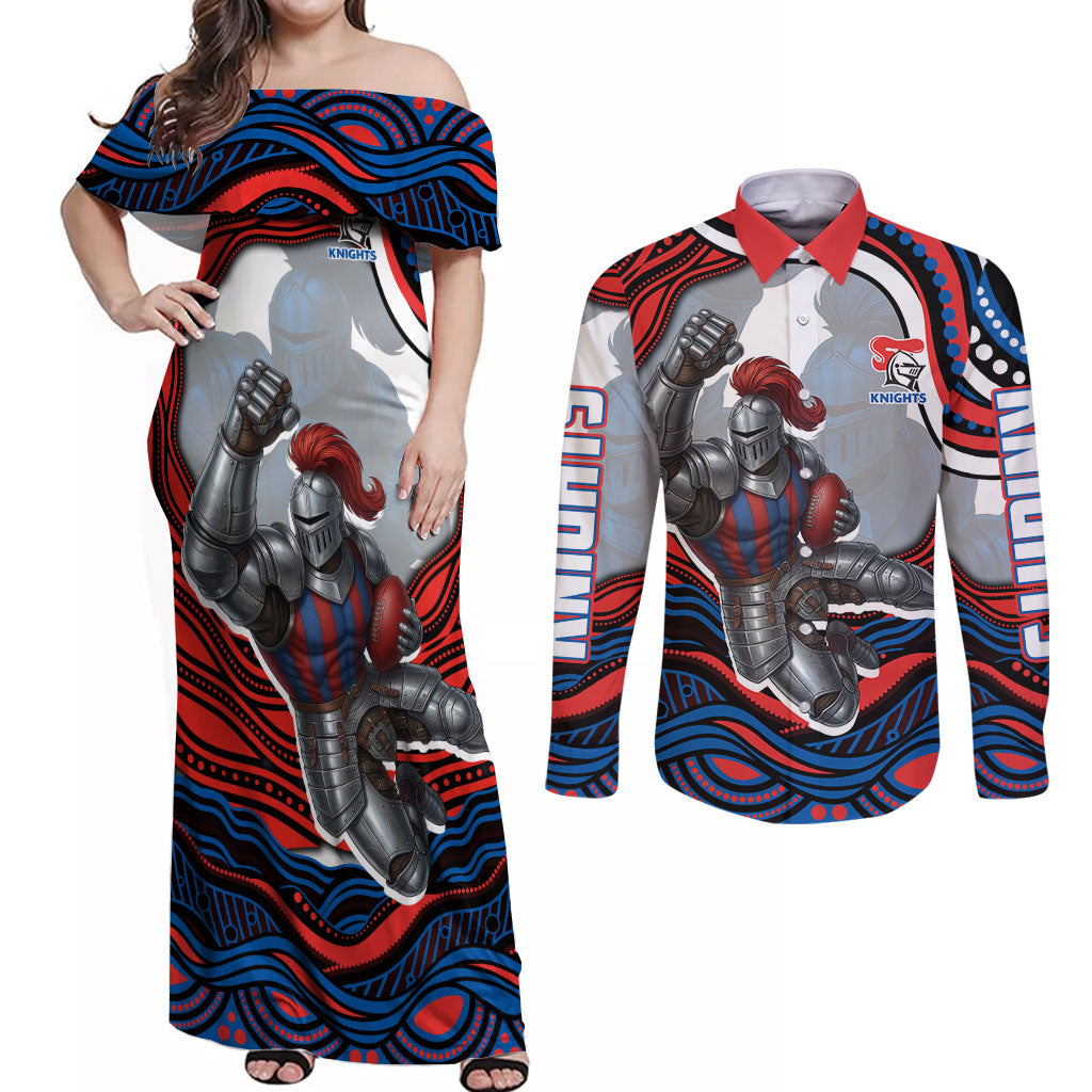Personalized Newcastle Knights Couples Matching Off Shoulder Maxi Dress and Long Sleeve Button Shirt Aboriginal Dot Art - Dreamtime Rugby Mascot