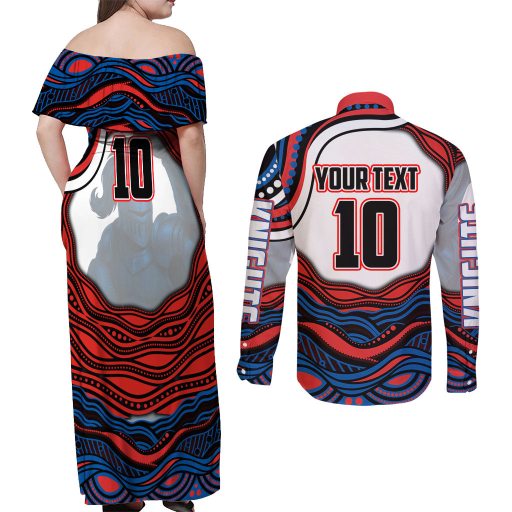 Personalized Newcastle Knights Couples Matching Off Shoulder Maxi Dress and Long Sleeve Button Shirt Aboriginal Dot Art - Dreamtime Rugby Mascot