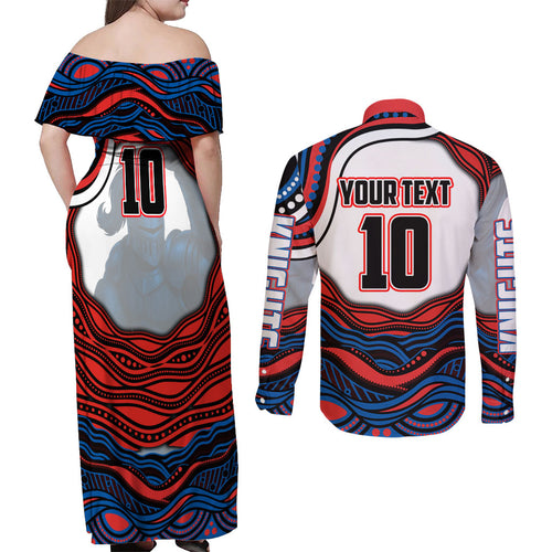 Personalized Newcastle Knights Couples Matching Off Shoulder Maxi Dress and Long Sleeve Button Shirt Aboriginal Dot Art - Dreamtime Rugby Mascot