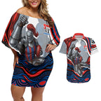 Personalized Newcastle Knights Couples Matching Off Shoulder Short Dress and Hawaiian Shirt Aboriginal Dot Art - Dreamtime Rugby Mascot