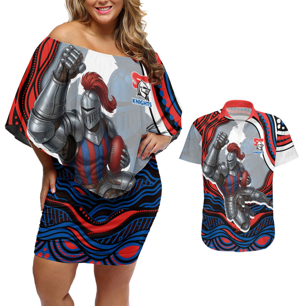 Personalized Newcastle Knights Couples Matching Off Shoulder Short Dress and Hawaiian Shirt Aboriginal Dot Art - Dreamtime Rugby Mascot
