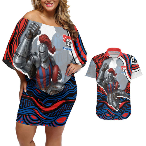 Personalized Newcastle Knights Couples Matching Off Shoulder Short Dress and Hawaiian Shirt Aboriginal Dot Art - Dreamtime Rugby Mascot