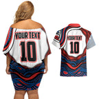 Personalized Newcastle Knights Couples Matching Off Shoulder Short Dress and Hawaiian Shirt Aboriginal Dot Art - Dreamtime Rugby Mascot