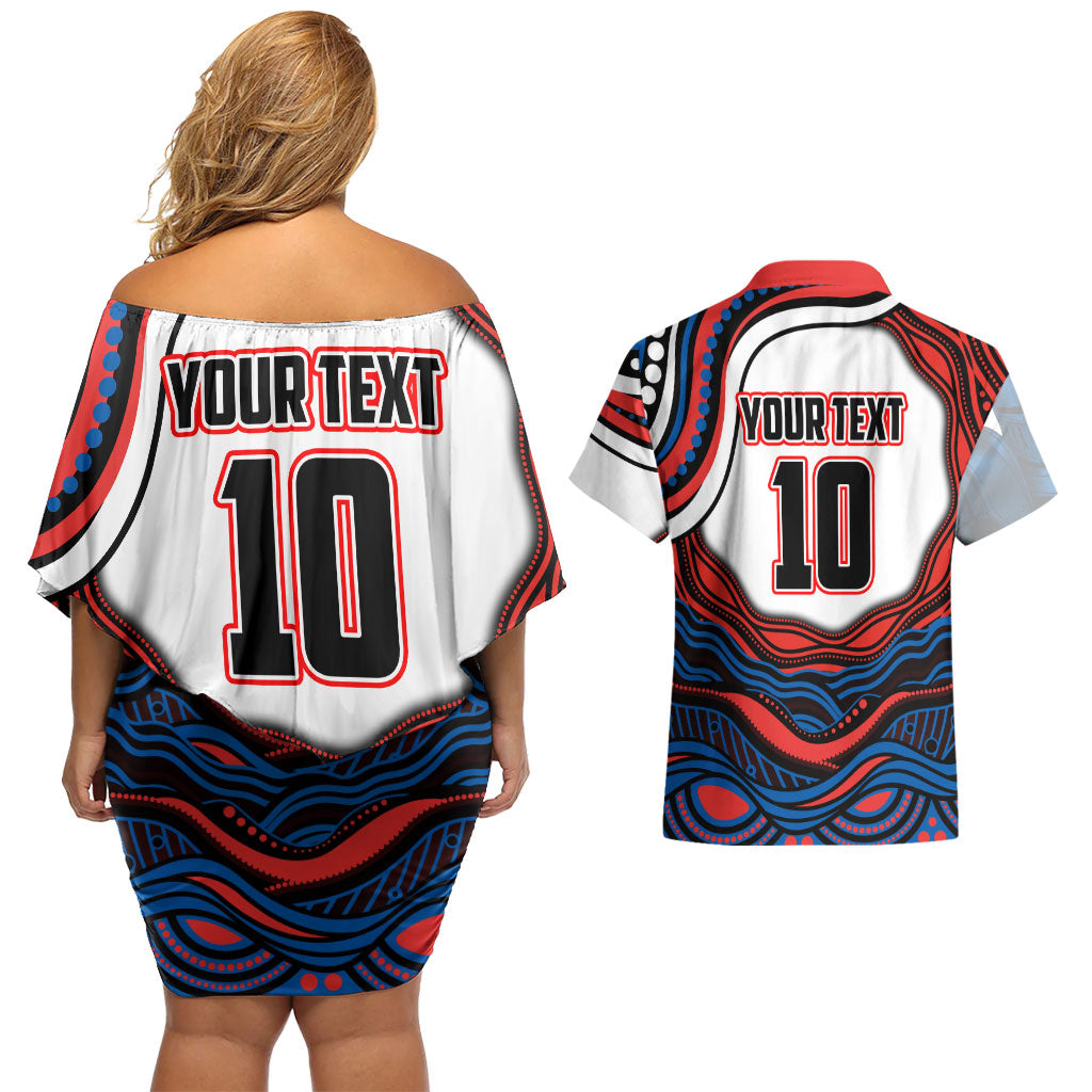 Personalized Newcastle Knights Couples Matching Off Shoulder Short Dress and Hawaiian Shirt Aboriginal Dot Art - Dreamtime Rugby Mascot