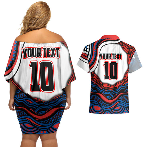 Personalized Newcastle Knights Couples Matching Off Shoulder Short Dress and Hawaiian Shirt Aboriginal Dot Art - Dreamtime Rugby Mascot