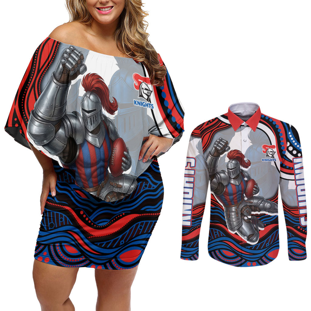 Personalized Newcastle Knights Couples Matching Off Shoulder Short Dress and Long Sleeve Button Shirt Aboriginal Dot Art - Dreamtime Rugby Mascot