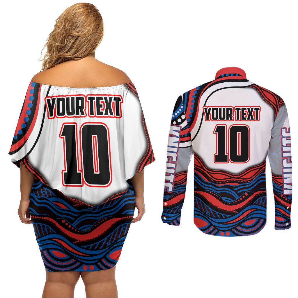 Personalized Newcastle Knights Couples Matching Off Shoulder Short Dress and Long Sleeve Button Shirt Aboriginal Dot Art - Dreamtime Rugby Mascot