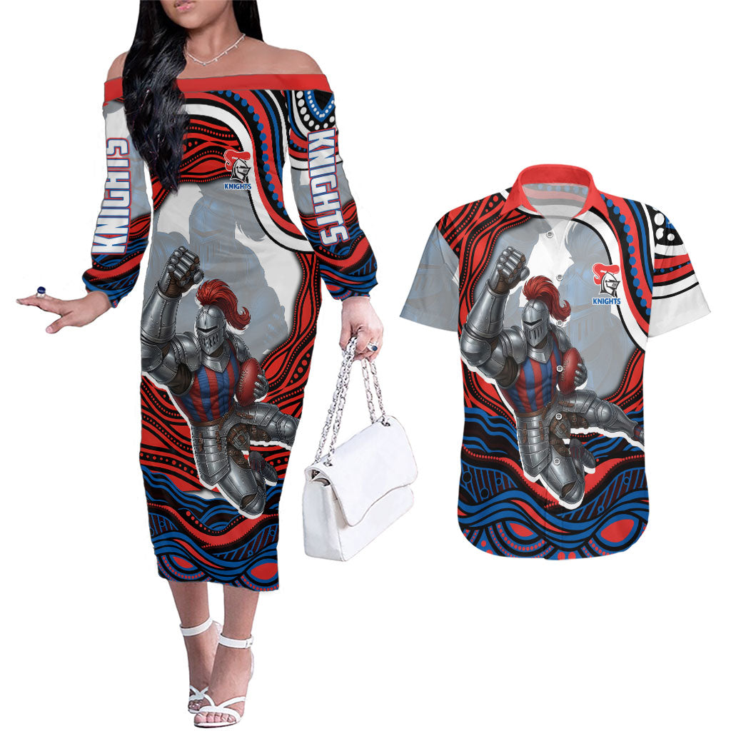 Personalized Newcastle Knights Couples Matching Off The Shoulder Long Sleeve Dress and Hawaiian Shirt Aboriginal Dot Art - Dreamtime Rugby Mascot