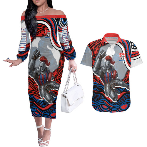 Personalized Newcastle Knights Couples Matching Off The Shoulder Long Sleeve Dress and Hawaiian Shirt Aboriginal Dot Art - Dreamtime Rugby Mascot
