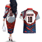 Personalized Newcastle Knights Couples Matching Off The Shoulder Long Sleeve Dress and Hawaiian Shirt Aboriginal Dot Art - Dreamtime Rugby Mascot