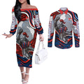 Personalized Newcastle Knights Couples Matching Off The Shoulder Long Sleeve Dress and Long Sleeve Button Shirt Aboriginal Dot Art - Dreamtime Rugby Mascot