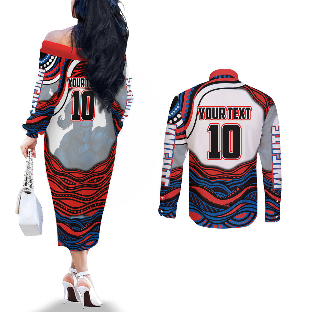Personalized Newcastle Knights Couples Matching Off The Shoulder Long Sleeve Dress and Long Sleeve Button Shirt Aboriginal Dot Art - Dreamtime Rugby Mascot