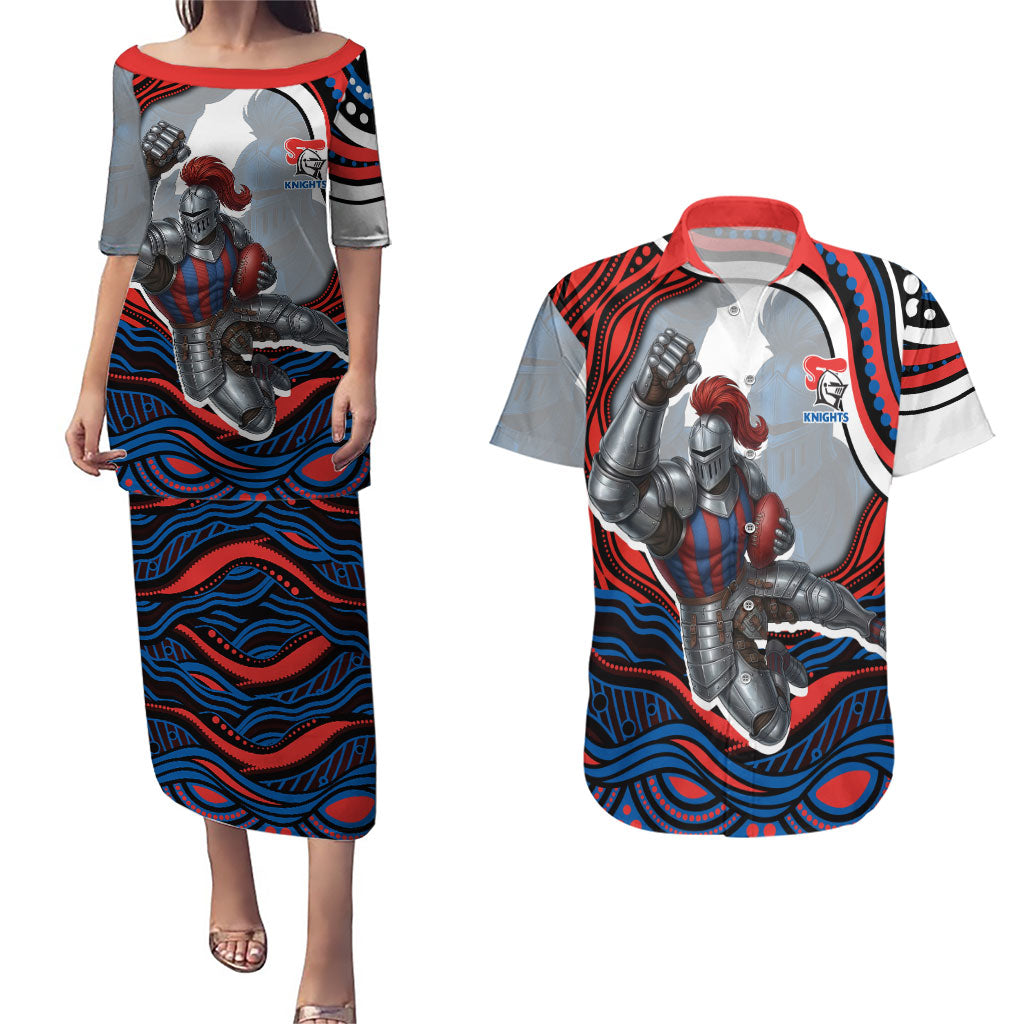 Personalized Newcastle Knights Couples Matching Puletasi and Hawaiian Shirt Aboriginal Dot Art - Dreamtime Rugby Mascot