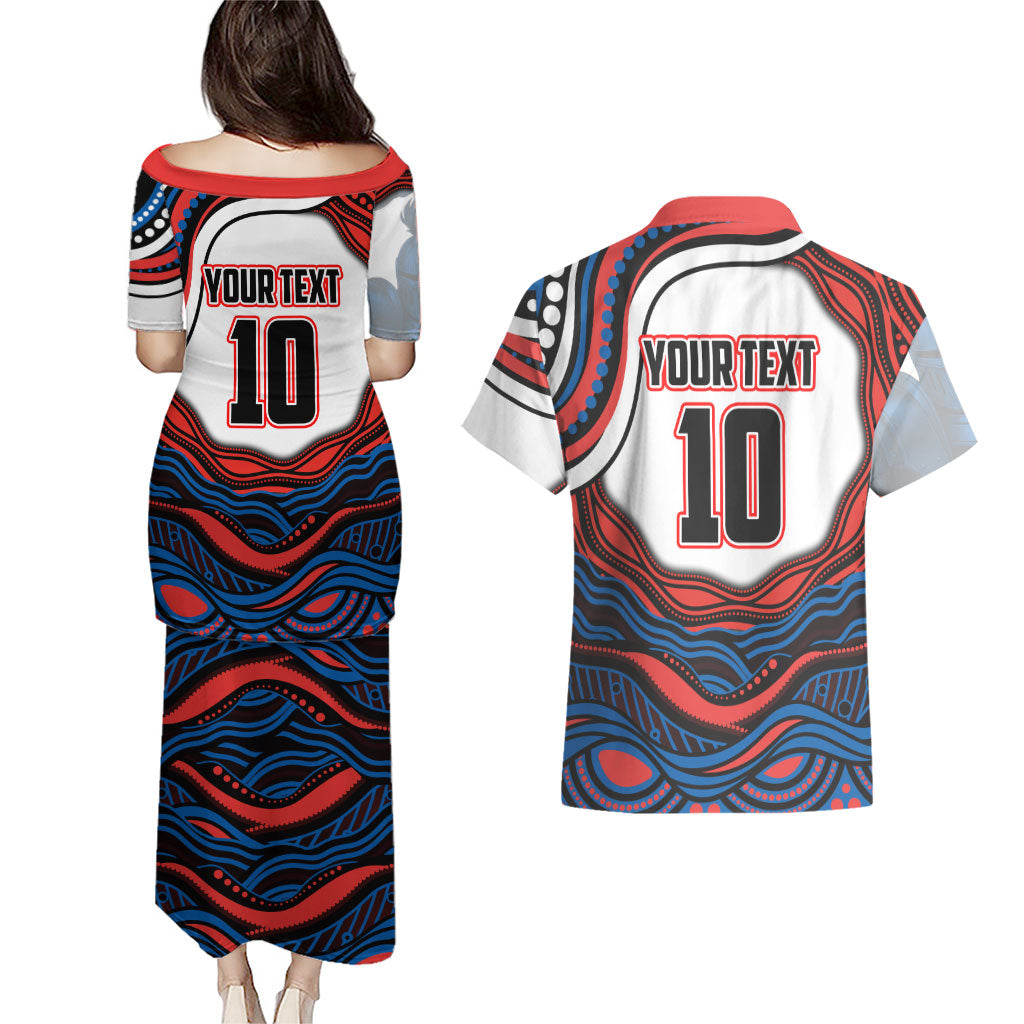 Personalized Newcastle Knights Couples Matching Puletasi and Hawaiian Shirt Aboriginal Dot Art - Dreamtime Rugby Mascot