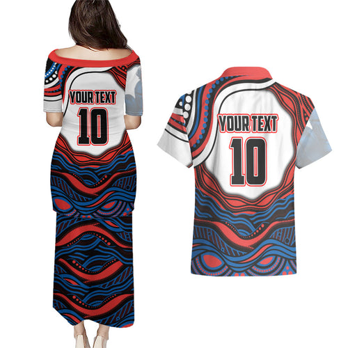 Personalized Newcastle Knights Couples Matching Puletasi and Hawaiian Shirt Aboriginal Dot Art - Dreamtime Rugby Mascot