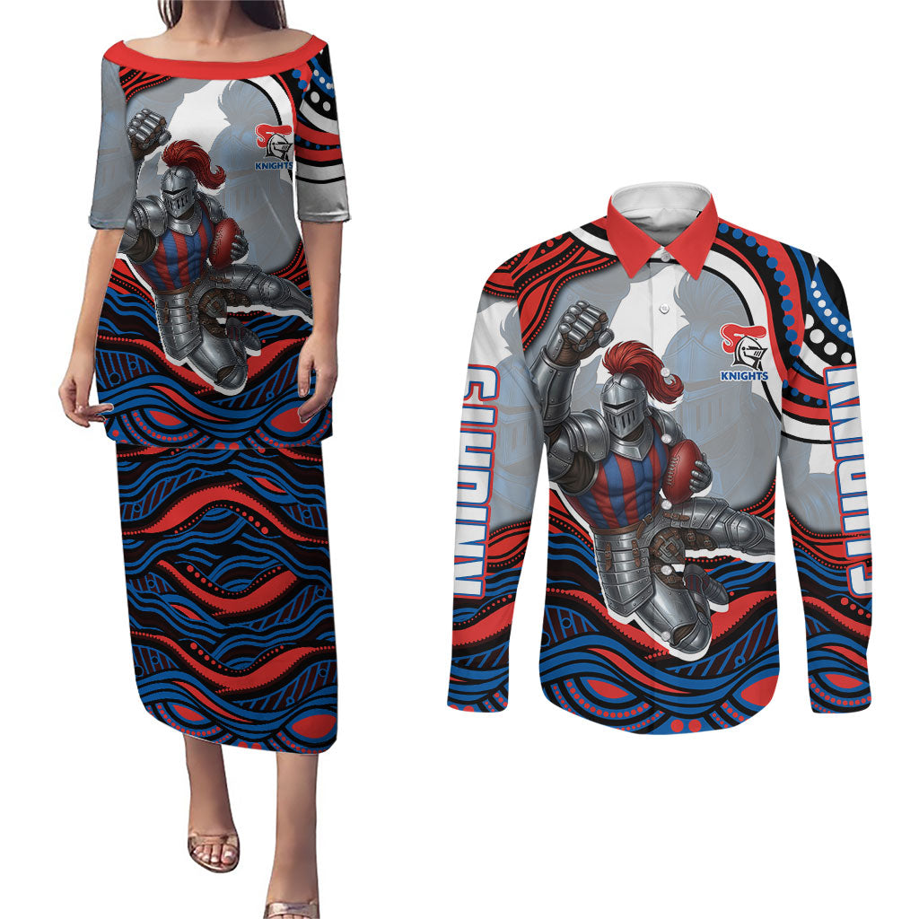Personalized Newcastle Knights Couples Matching Puletasi and Long Sleeve Button Shirt Aboriginal Dot Art - Dreamtime Rugby Mascot
