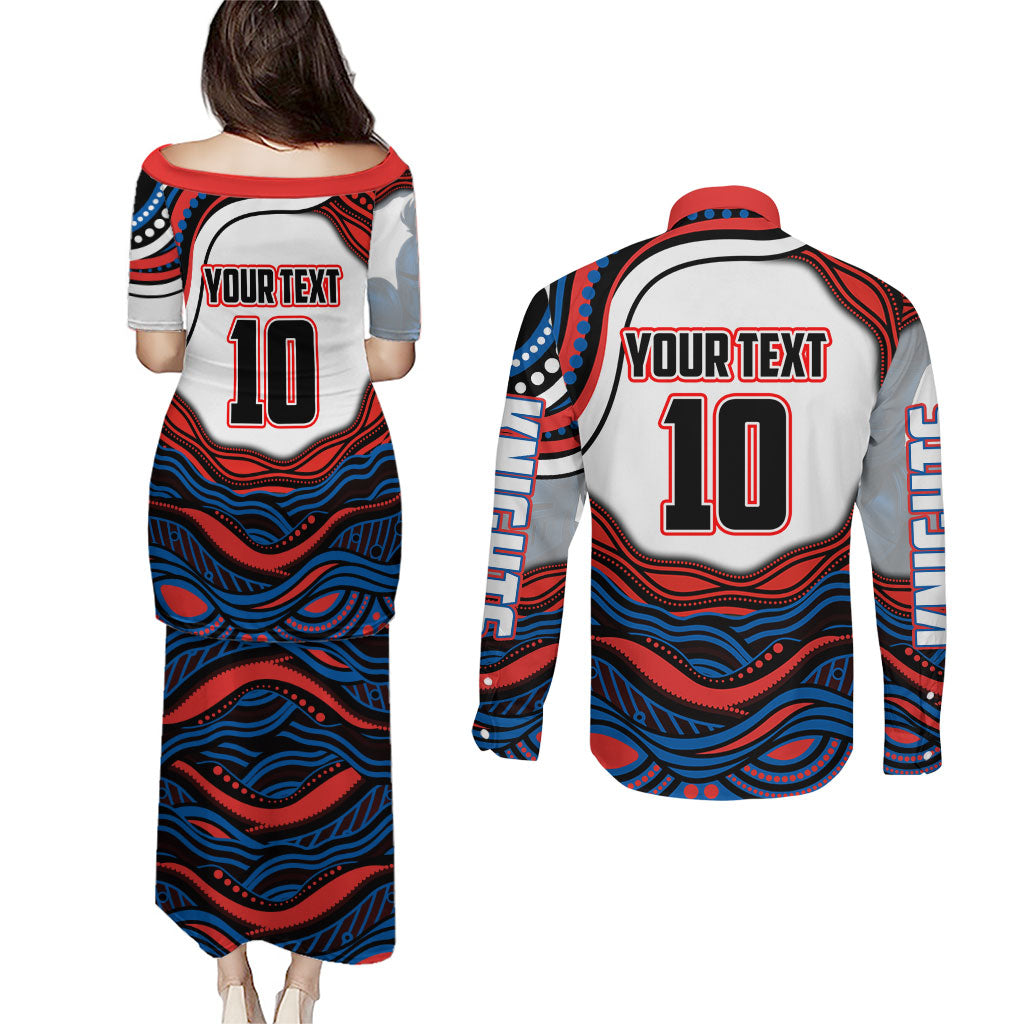 Personalized Newcastle Knights Couples Matching Puletasi and Long Sleeve Button Shirt Aboriginal Dot Art - Dreamtime Rugby Mascot