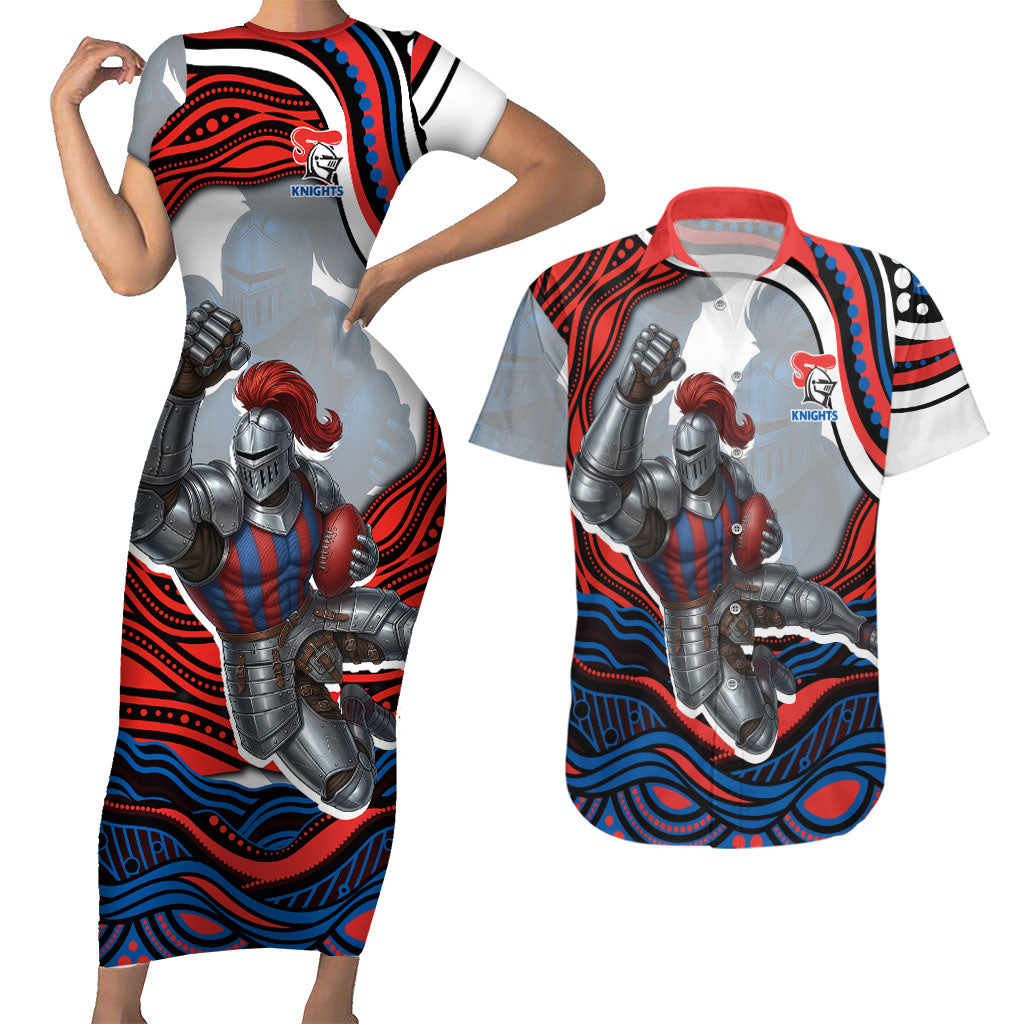 Personalized Newcastle Knights Couples Matching Short Sleeve Bodycon Dress and Hawaiian Shirt Aboriginal Dot Art - Dreamtime Rugby Mascot
