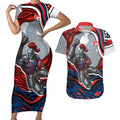 Personalized Newcastle Knights Couples Matching Short Sleeve Bodycon Dress and Hawaiian Shirt Aboriginal Dot Art - Dreamtime Rugby Mascot