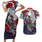 Personalized Newcastle Knights Couples Matching Short Sleeve Bodycon Dress and Hawaiian Shirt Aboriginal Dot Art - Dreamtime Rugby Mascot