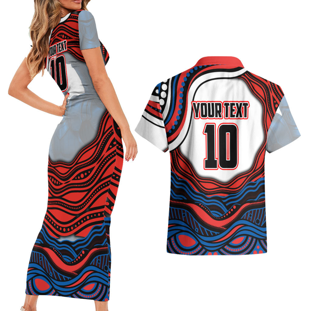 Personalized Newcastle Knights Couples Matching Short Sleeve Bodycon Dress and Hawaiian Shirt Aboriginal Dot Art - Dreamtime Rugby Mascot