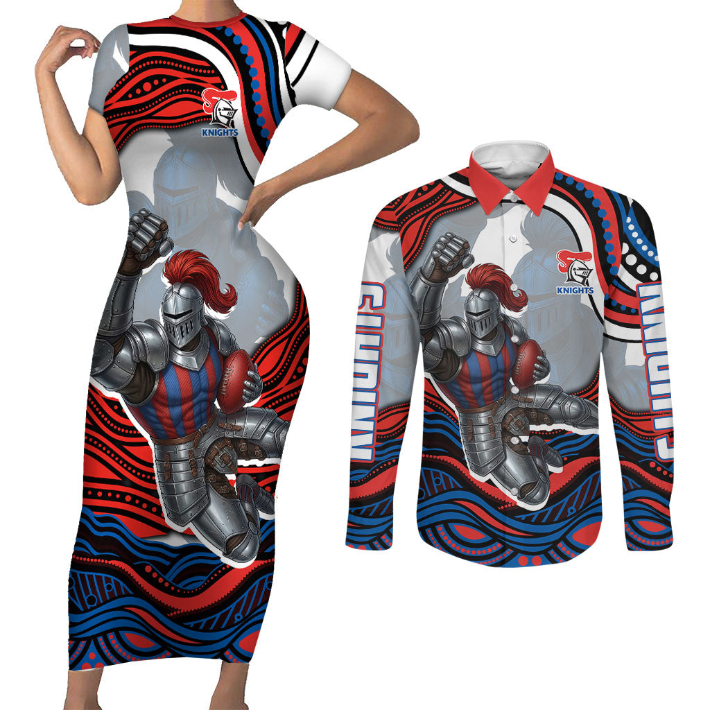 Personalized Newcastle Knights Couples Matching Short Sleeve Bodycon Dress and Long Sleeve Button Shirt Aboriginal Dot Art - Dreamtime Rugby Mascot
