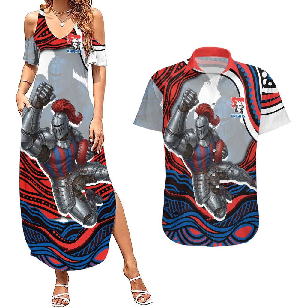 Personalized Newcastle Knights Couples Matching Summer Maxi Dress and Hawaiian Shirt Aboriginal Dot Art - Dreamtime Rugby Mascot