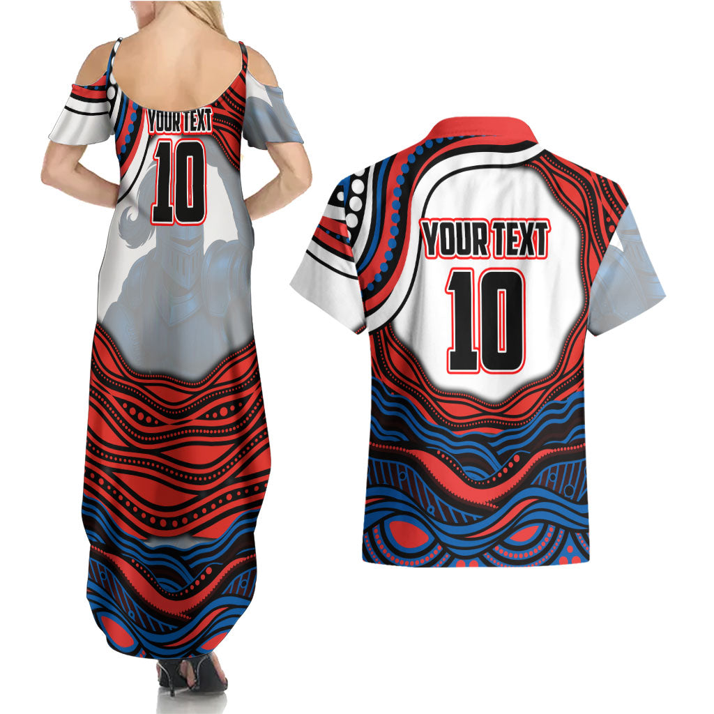 Personalized Newcastle Knights Couples Matching Summer Maxi Dress and Hawaiian Shirt Aboriginal Dot Art - Dreamtime Rugby Mascot