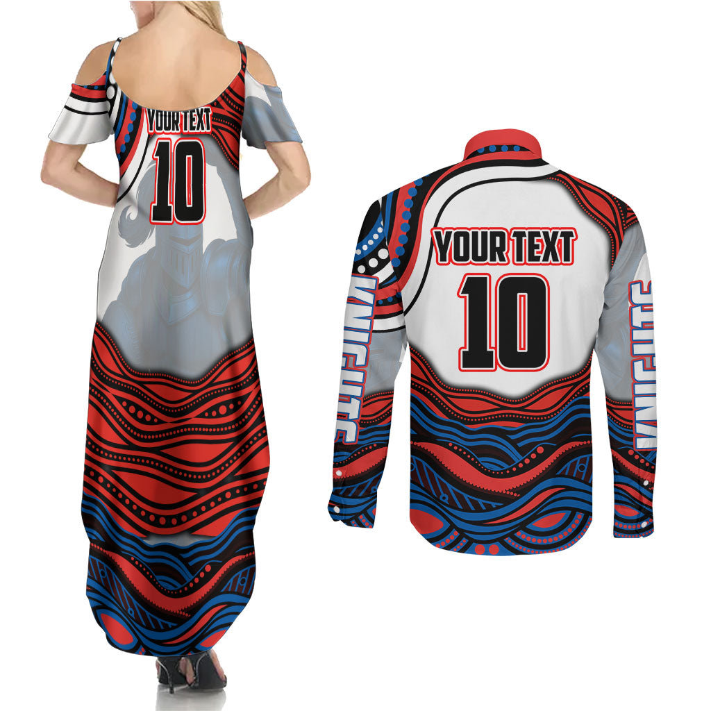 Personalized Newcastle Knights Couples Matching Summer Maxi Dress and Long Sleeve Button Shirt Aboriginal Dot Art - Dreamtime Rugby Mascot