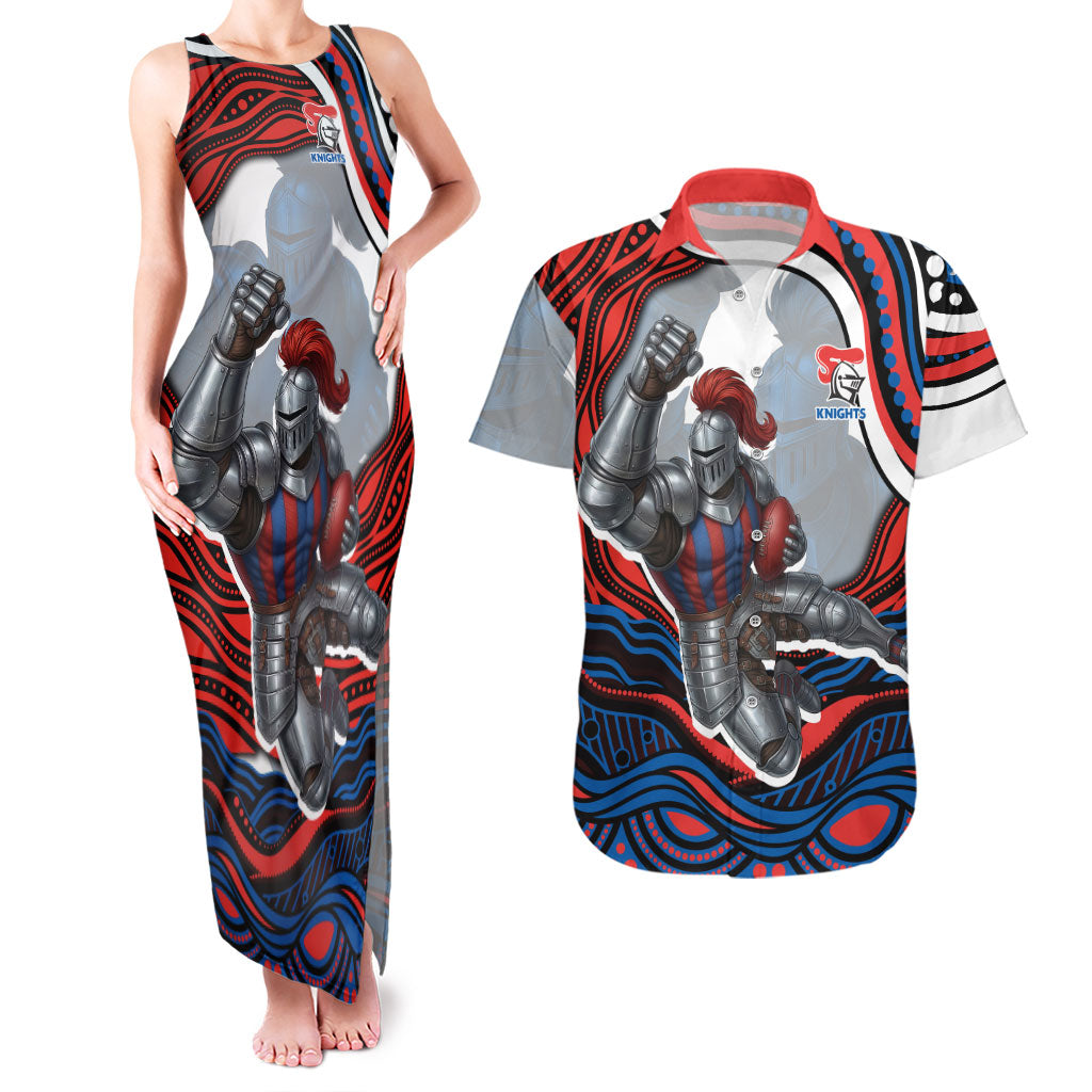 Personalized Newcastle Knights Couples Matching Tank Maxi Dress and Hawaiian Shirt Aboriginal Dot Art - Dreamtime Rugby Mascot