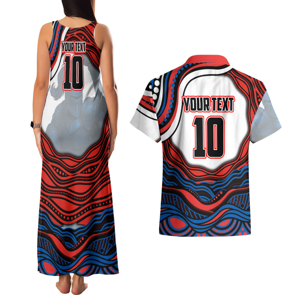 Personalized Newcastle Knights Couples Matching Tank Maxi Dress and Hawaiian Shirt Aboriginal Dot Art - Dreamtime Rugby Mascot