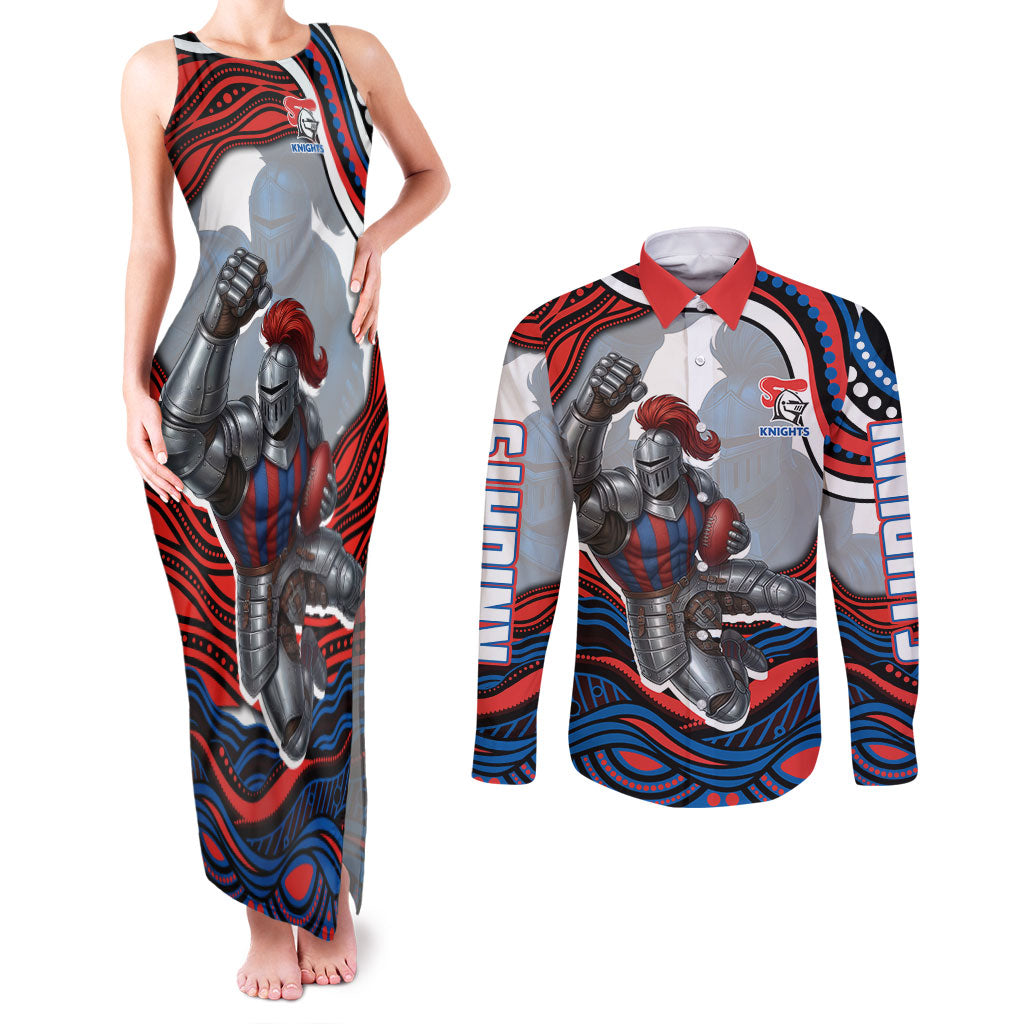 Personalized Newcastle Knights Couples Matching Tank Maxi Dress and Long Sleeve Button Shirt Aboriginal Dot Art - Dreamtime Rugby Mascot